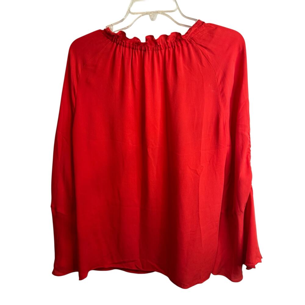 KOBI HALPERIN Carolina V-Neck Shirred Sleeve Silk Blouse Size M Red Ruffle Neck - Picture 7 of 8